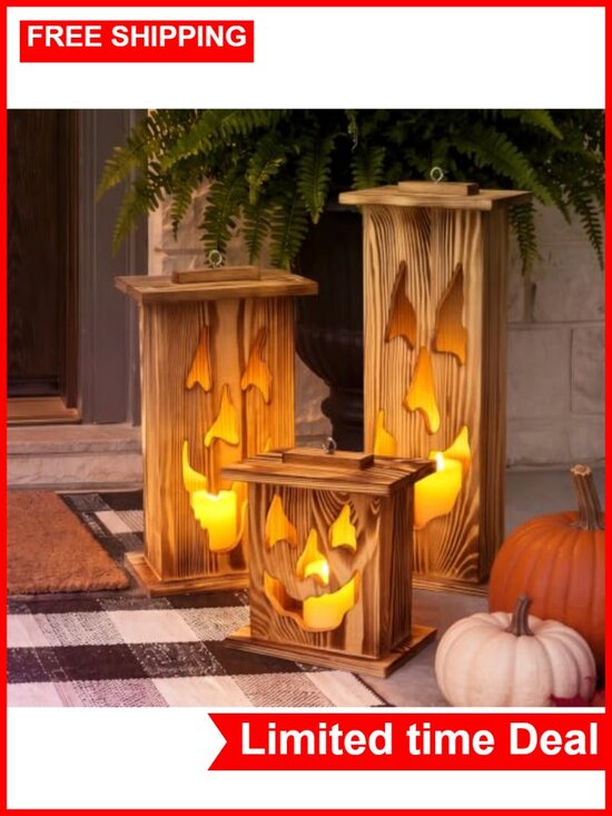 Other - Halloween Wooden Lantern Set 3 Pcs Jack O Lantern Decor